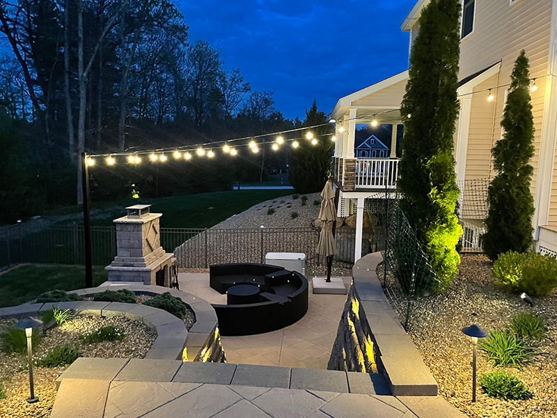 Bistro patio string lights evening